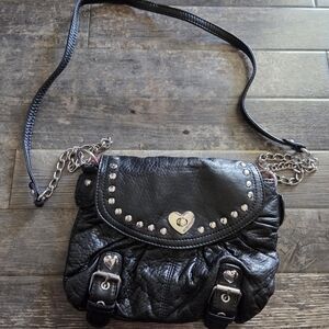 Betsy Johnson Black Quilted Leather Crossbody Bag with Heart Accent